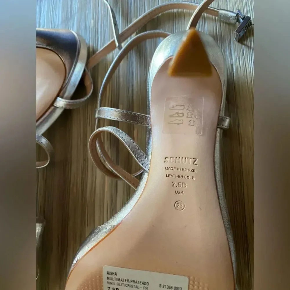 Schutz Aisha Cristal Prata Silver Clear Glitter Strappy Heel Sandals Sexy Sz 7.5